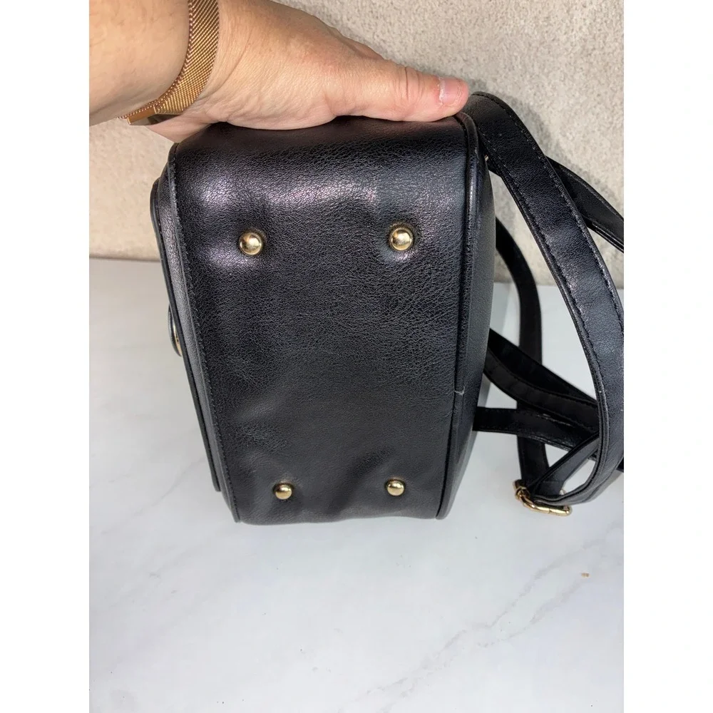 Black Faux Leather Mini Backpack - Small - Gold Hardware Chain Lining Chic Dark